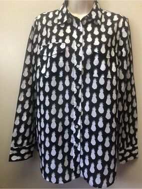 Talbots Black and White Pineapple Print Button-Front Shirt cotton L